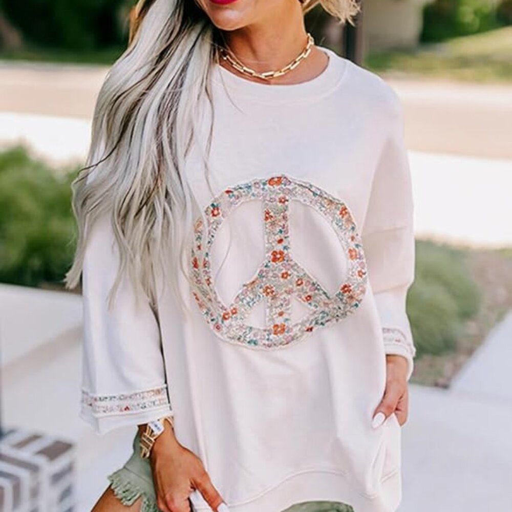 Boho Floral Print Peace Patch Color Block Top - image 6